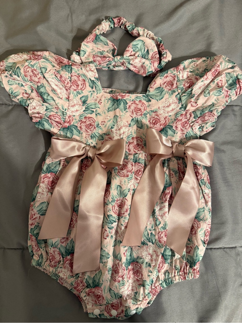 Floral Pink & Green Baby Romper with Satin Bows